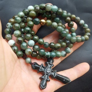 32&quot; 108beaded,Cross Genuine Grade A Natural green Burma jadeite jade stone Yoga necklace,Healing,Buddhist Mala Prayer,man woman necklace