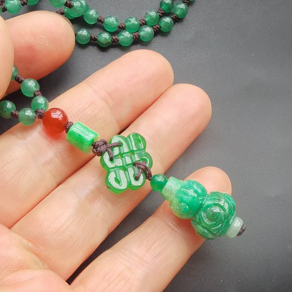 Noeud chinois sculpté, gourde, pendentif amulette en pierre de jade vert, corde de jade verte ronde réglable, collier de perles en pierre précieuse, hommes ou femmes