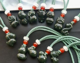 Untreated chinese zodiac hetian qing green jade stone amulet Small pendant,adjustable rope Cord necklace,gemstone stone Men or Women jewelry