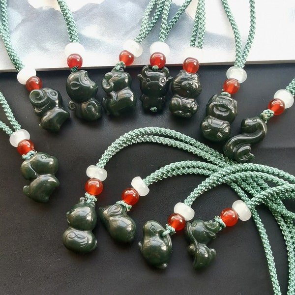 Untreated chinese zodiac hetian qing green jade stone amulet Small pendant,adjustable rope Cord necklace,gemstone stone Men or Women jewelry