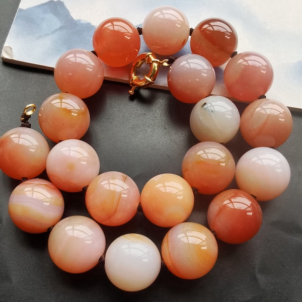 Rare Huge 16"-25" 20mm Large Round smooth natural pink white agate stone beaded knotted Necklace,man,woman jewelry best