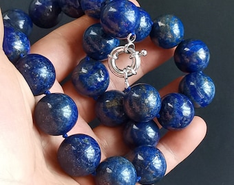 Round large 16mm/18mm/20mm blue Lapis lazuli stone beaded Chunky Necklace,Semi Precious Birthday stone Statement knotted Necklace