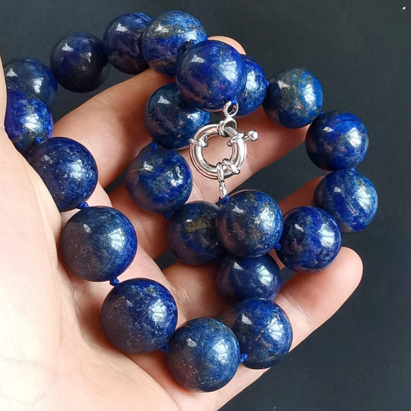 Ronde grote 16mm/18mm/20mm blauwe Lapis lazuli steen kralen dikke ketting, semi kostbare verjaardag steen verklaring geknoopte ketting