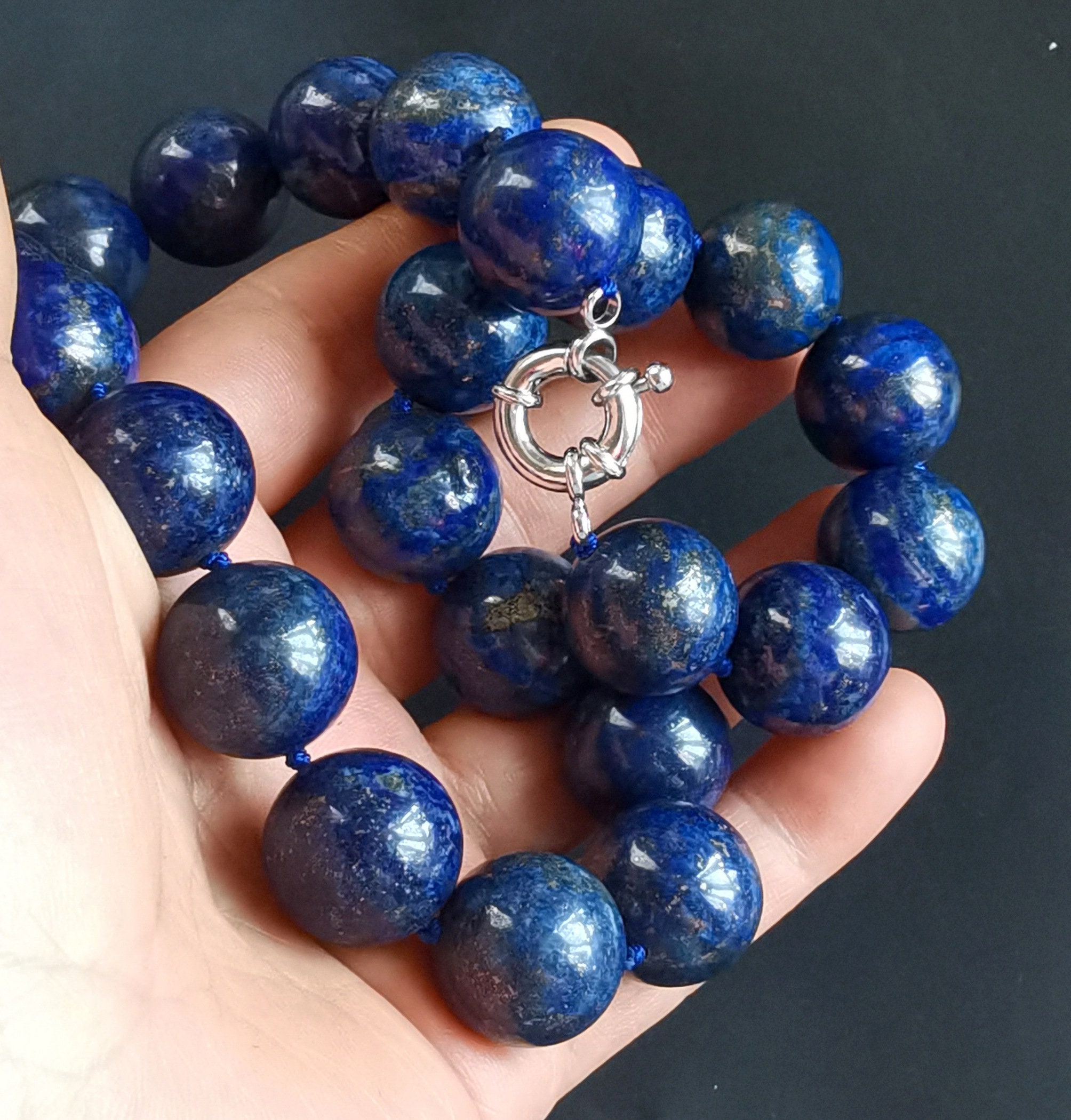 Collana Choker In Lapislazzuli Naturale 16'' - Perline Tonde Fatte A Mano - India