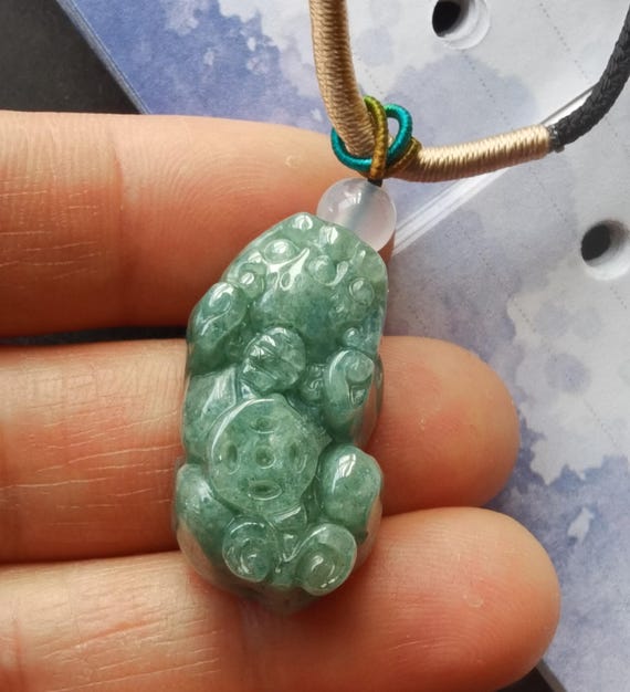 3D Pixiu Dragon Natural Green Blue Jadeite Jade Stone Amulet Charm