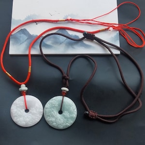 Donut Flower &quot;花开富贵&quot; natural Burma jadeite jade stone amulet pendant,Grade A,adjustable rope Cord necklace,gemstone stone Men or Women