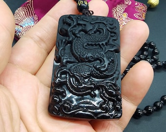 Pendentif en obsidienne de protection, pendentif dragon chinois, collier de perles, 24 « ,