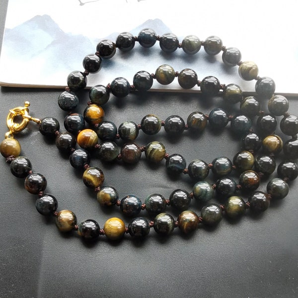 14"-45" 6mm,8mm,10mm Round Natural blue yellow tiger eye stone beaded knotted Necklace,A grade,charm large bead bracelet,man,woman jewelry