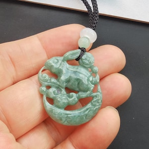 Certified,Chinese Zodiac Love moon Ruyi Rabbit carved natural jadeite jade stone pendant,Rope necklace,protector,amulet,gemstone,Good Luck