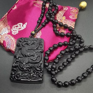 Protection obsidian pendant,chinese dragon pendant,beaded necklace,24, image 2
