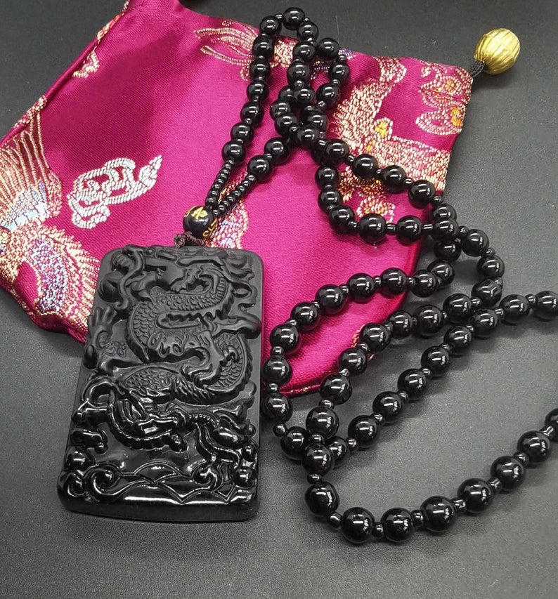 Protection obsidian pendant,chinese dragon pendant,beaded necklace,24, image 2