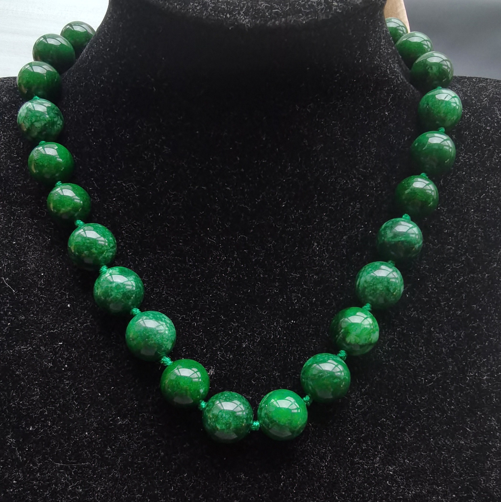 Collana Con Perline Grosse In Pietra Di Giada Verde Scuro Rotonda - Foto 6