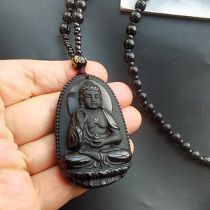 Protection black obsidian stone,Buddha,Buddhism pendant,beaded necklace,24", gemstone stone Men or Women necklace