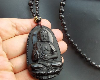 Protection black obsidian stone,Buddha,Buddhism pendant,beaded necklace,24", gemstone stone Men or Women necklace