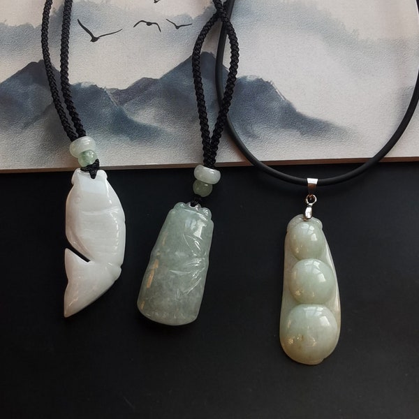 Authentic,Fish,bamboo,green beans,Grade A green Burma jadeite jade stone pendant,Rope necklace,protector,amulet,gemstone pendant,Good Luck