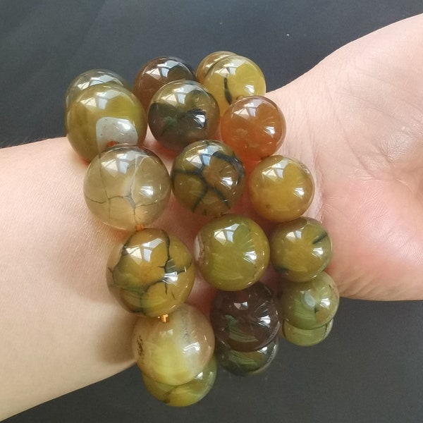 Grand bracelet perlé, pierre d’agate veine de dragon brun Bracelet, bracelet perlé de pierre précieuse, bonne chance, cadeau de mariage, fil élastique