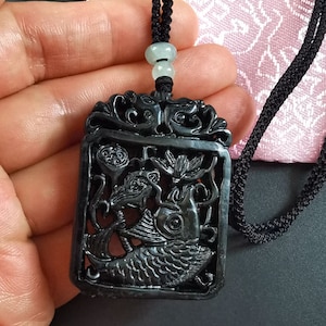 Fish jade pendant,Rope adjustable necklace,carved black green jade stone pendant,protector,amulet pendant,gemstone bead