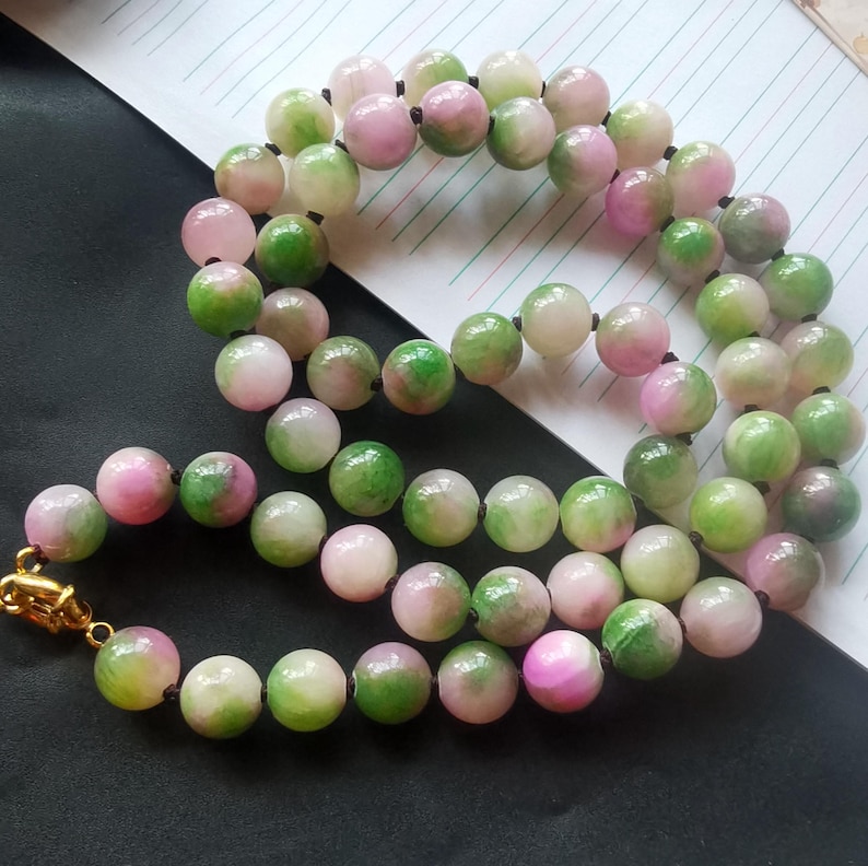 Knotted Jade Beaded Necklace, Hot Pink Green White Stone, Statement Charm