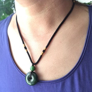 Donut Canadian Nephrite jade pendant, natural green jade stone,black Rope adjustable necklace,gemstone bead,Good Luck,best gift