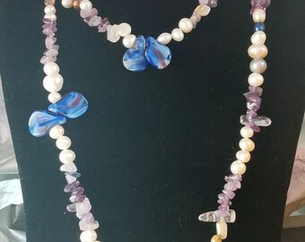 Collar de cuentas, collar llamativo con nudos, cristal arcoíris, perla de agua dulce, 52"