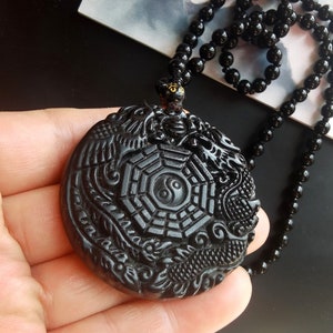 Protection black obsidian stone,Dragon and Phoenix pendant,beaded necklace,24&quot;, gemstone stone Men or Women necklace