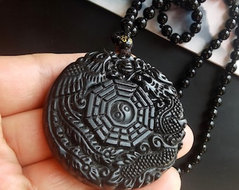 Protection black obsidian stone,Dragon and Phoenix pendant,beaded necklace,24", gemstone stone Men or Women necklace