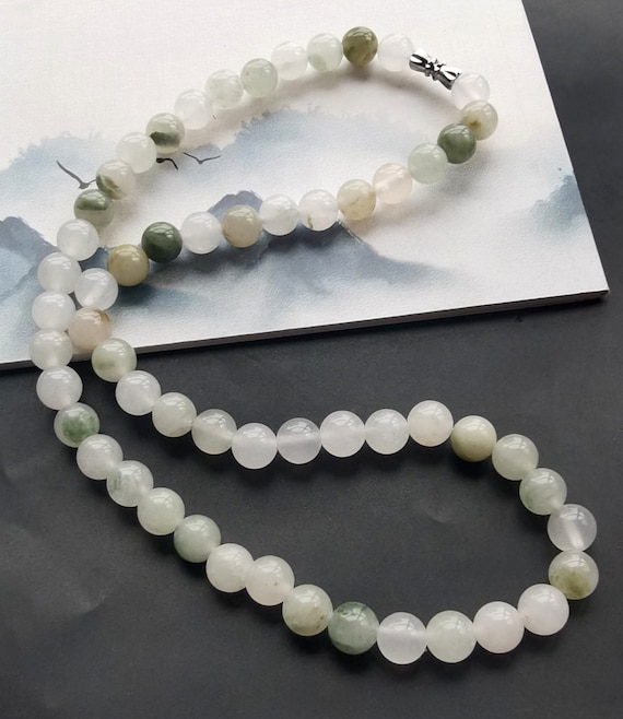 Collana Con Perline Grosse In Pietra Di Giada Verde Scuro Rotonda - Foto 4