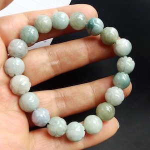 lotus flower natural jadeite jade stone bracelet,Grade A green white,amulet,protector,good lucky gift,Unisex Beaded Bracelet,Stretch mala