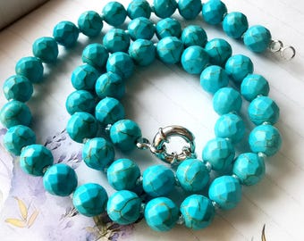 Faceted howite turquoise stone Beaded Necklace,16"-60",8mm,Charm Statement knotted Necklace