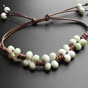 Weave Brown Rope Bracelet,Genuine Chinese porcelain bracelet,macrame,ceramic light green beads,Spring,good mood,