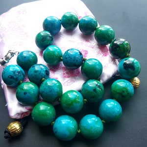 Round Smooth Azurite Chunky Beaded Necklace,16&quot;-35&quot;,16mm/18mm/20mm,charm Blue green Gemstone Statement knotted Necklace,man woman jewelry