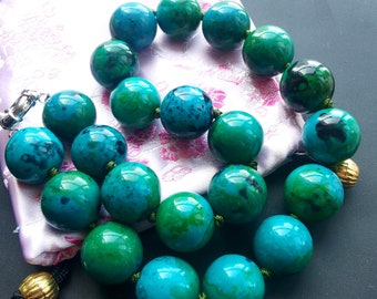 Round Smooth Azurite Chunky Beaded Necklace,16&quot;-35&quot;,16mm/18mm/20mm,charm Blue green Gemstone Statement knotted Necklace,man woman jewelry