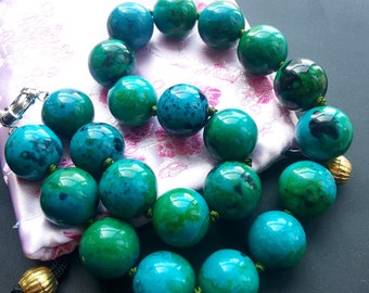 Round Smooth Azurite Chunky Beaded Necklace,16"-35",16mm/18mm/20mm,charm Blue green Gemstone Statement knotted Necklace,man woman jewelry