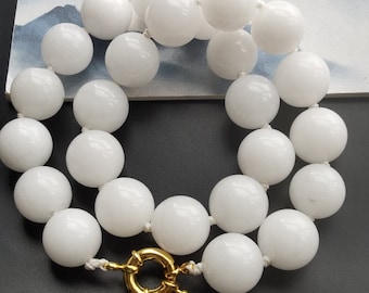 Chunky White Jade Necklace, Knotted Beaded Statement, 14mm,16mm