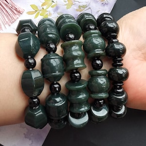 Natural   green jade stone Chunky bracelet,barrel,Drum,healing jade beads, gemstone beaded bracelet,Elastic thread