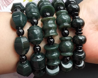 Natural hetian qing green jade stone Chunky bracelet,barrel,Drum,healing jade beads, gemstone beaded bracelet,Elastic thread