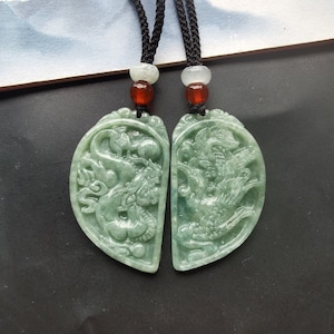 Chinese Dragon phoenix,carved natural jadeite jade stone pendant,Rope adjustable necklace,protector,amulet,gemstone,Good Luck,man woman gift