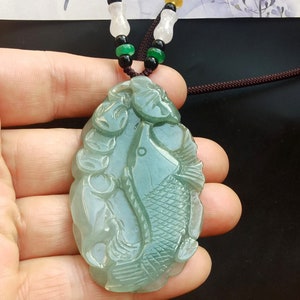 Fisch bringen Geld natürlichen Jadeit Jade Stein Amulett Anhänger, Klasse A, Lotusblatt, 24 ""Seil Schnur Halskette, Edelstein Stein Männer oder Frauen Halskette."