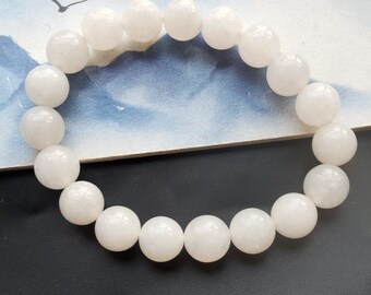 6mm-12mm,Round white Jade stone beaded Man Women Bracelet,Amulets,Healing,Unisex gemstone Bracelet,mala Stretchy,Yoga,Meditation jewelry