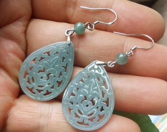 Guatemalan Blue Jadeite Teardrop Earrings: Sterling Silver Dangle