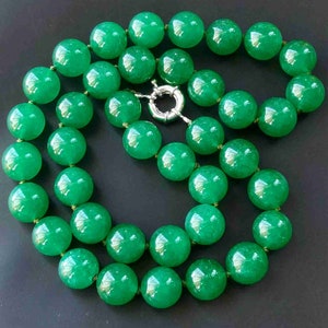 16&quot;-35&quot; 14mm Green jade Chunky Necklace,Green Round Beaded Necklace,Statement knotted Necklace