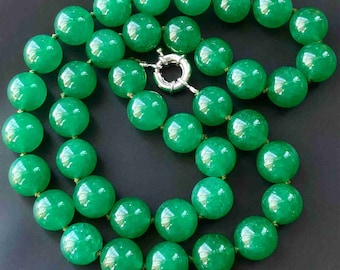 16"-35" 14mm Green jade Chunky Necklace,Green Round Beaded Necklace,Statement knotted Necklace