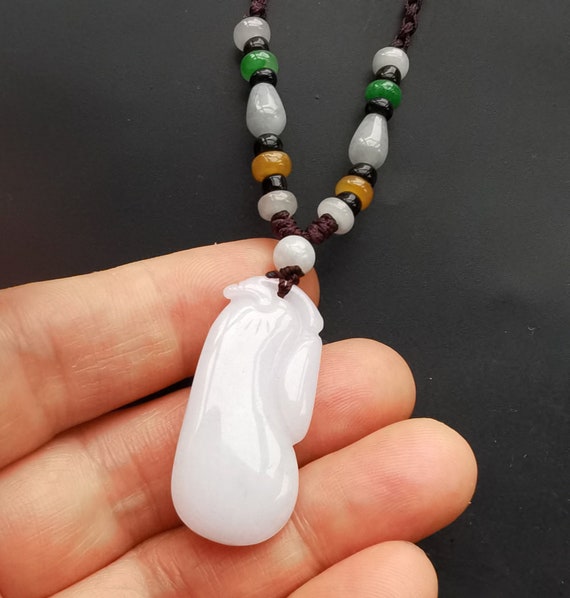 本物、Fu melon Ruyi 彫刻天然ホワイトビルマ翡翠石ペンダント、ロープ