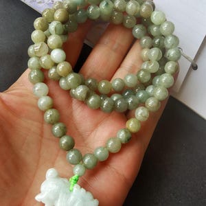 108beads,Qilin Dragon Genuine Grade A,Natural green Burma jadeite jade stone Yoga necklace,Healing,30&quot; Buddhist Mala Prayer,Round Semi beads