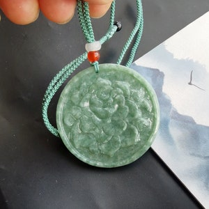 Certified,Circle Flower&quot;花开富贵&quot; carved natural jadeite jade stone pendant,Rope necklace,protector,amulet,gemstone pendant,Good Luck