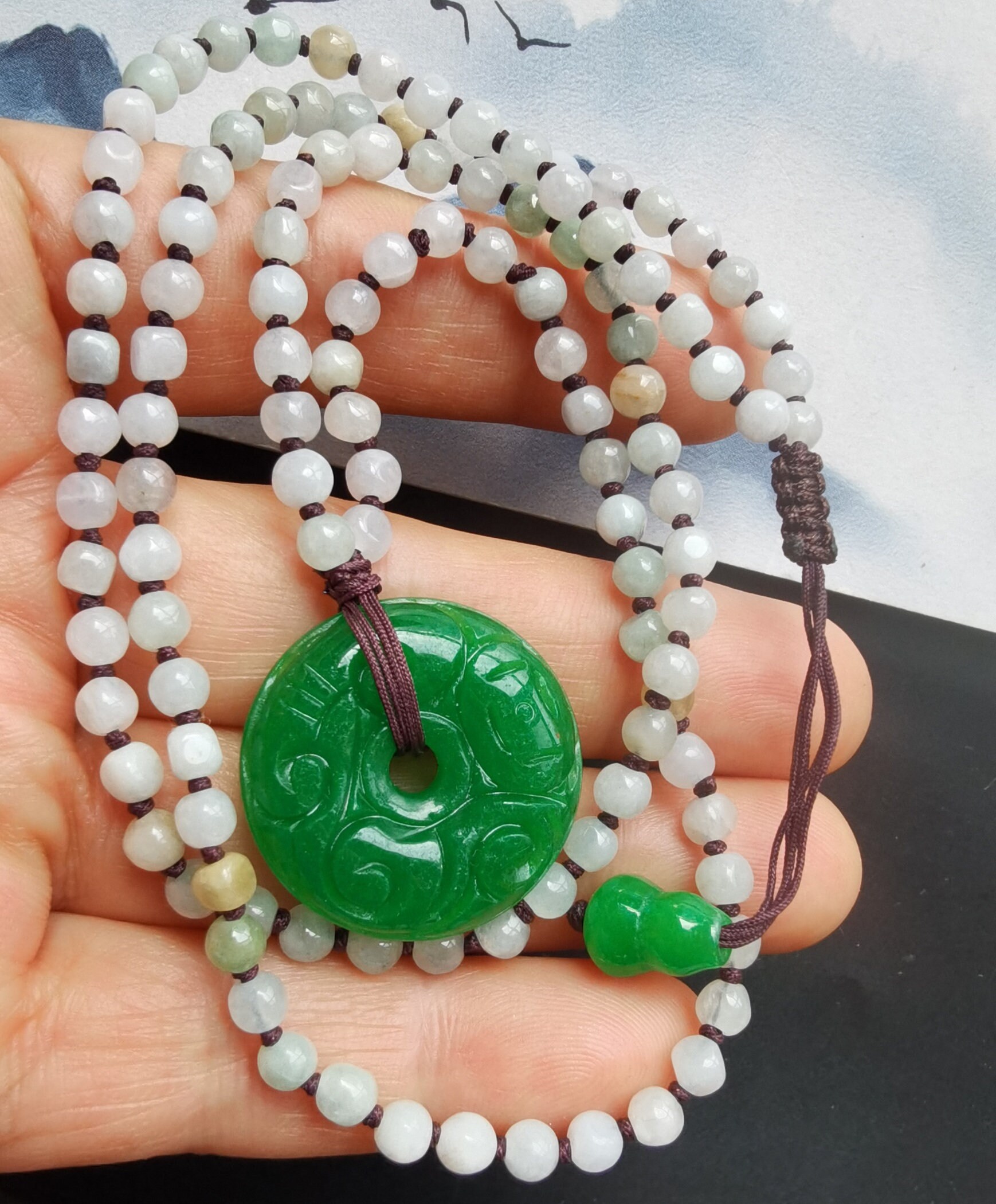 Donut Flower wish Ruyi,Gourd,green jade stone amulet pendant,adjustable natural jadeite beaded rope Cord necklace,gemstone stone Men Women