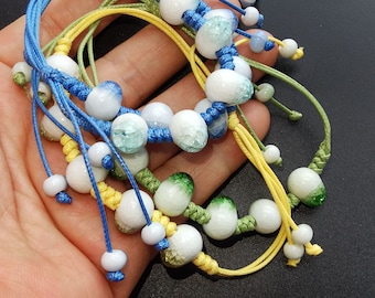 Weave Rope Bracelet,Teardrop Chinese porcelain bracelet,green,yellow,blue,sea blue,macrame,ceramic beads,Spring,good mood,