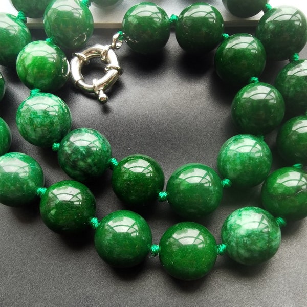 Round dark Green jade stone Chunky beaded Necklace,14"-60" 10m/12mm/14mm,woman/man gemstone Necklace,Statement knotted Necklace