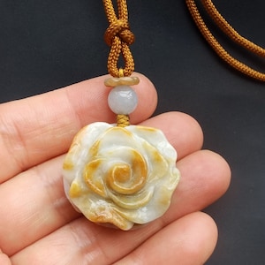Yellow Flower&quot;花开富贵&quot; carved natural Burma jadeite jade stone pendant,Grade A,Rope necklace,protector,amulet,gemstone pendant,Good Luck