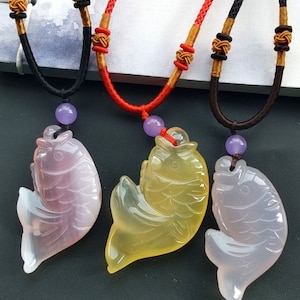 Large Carved Fish,Chalcedony yellow,pink,lavender,natural Agate stone amulet Pendant,Reiki Healing,red/brown/black rope necklace